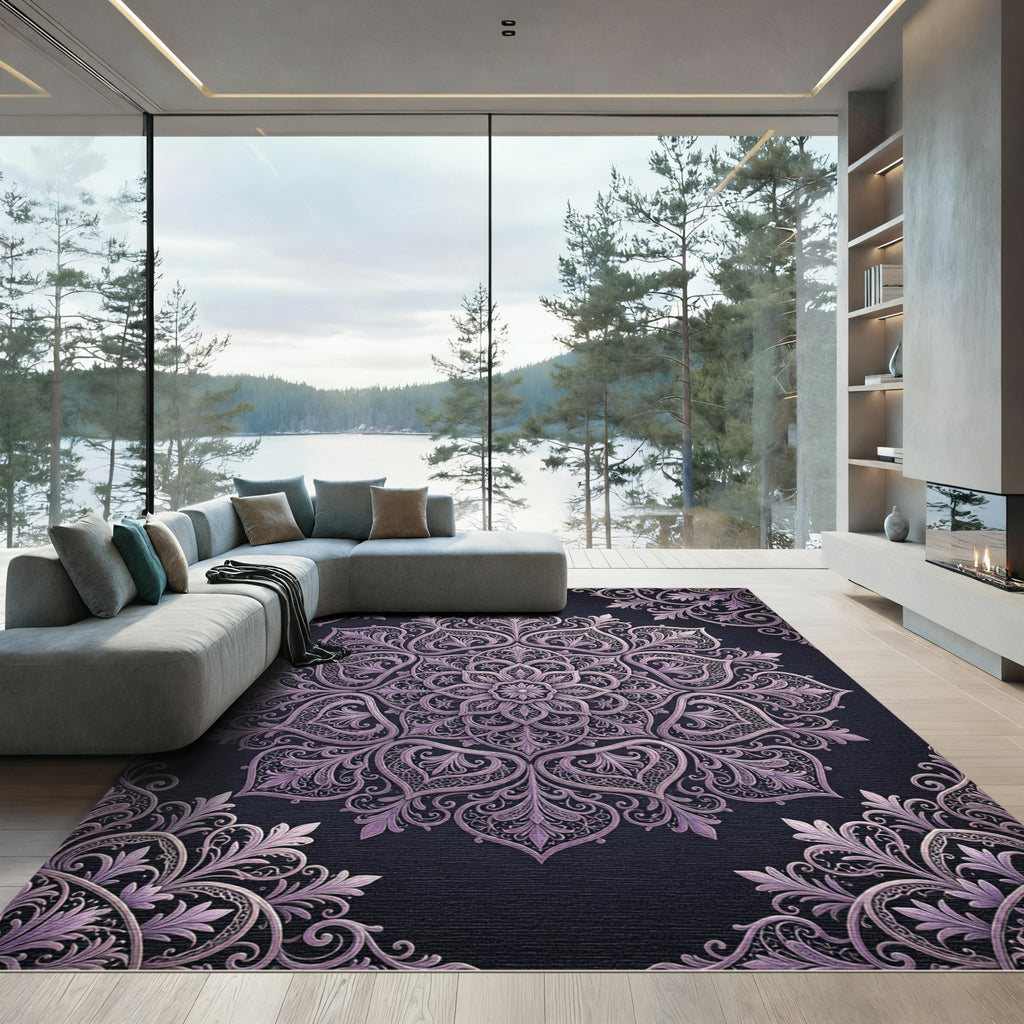 Ornate Lavender Damask Floral Medallion Rug