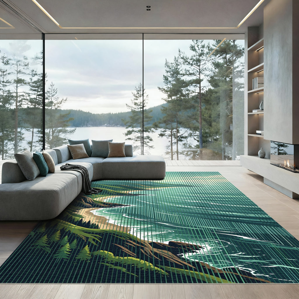 Serene Coastal Cliff Green Landscape Rug