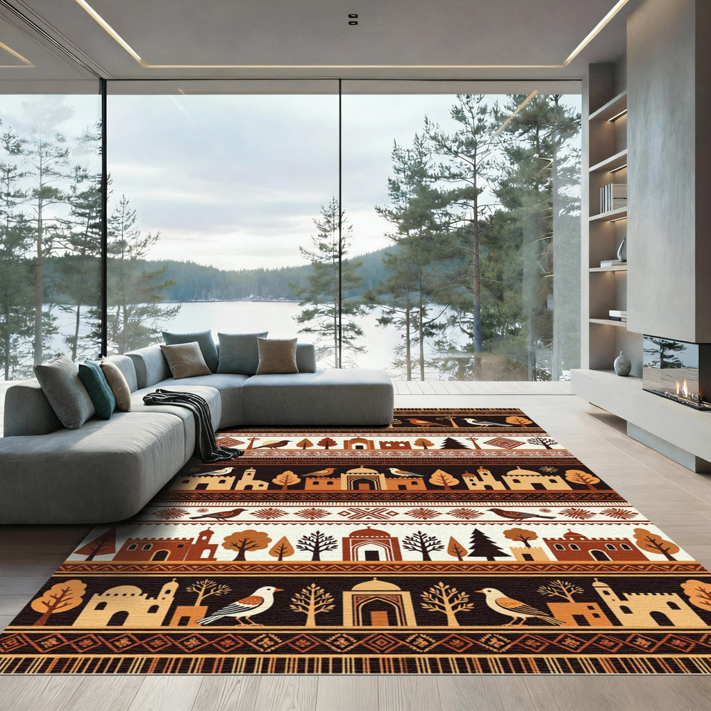 Earthy Terracotta Architectural Bird Meadow Rug