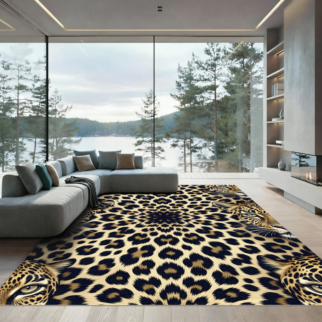Symmetrical Golden Leopard Face Animal Skin Rug
