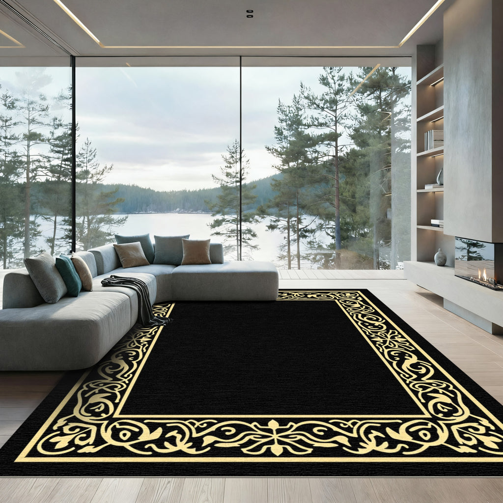 Golden Baroque Floral Scroll Frame Rug