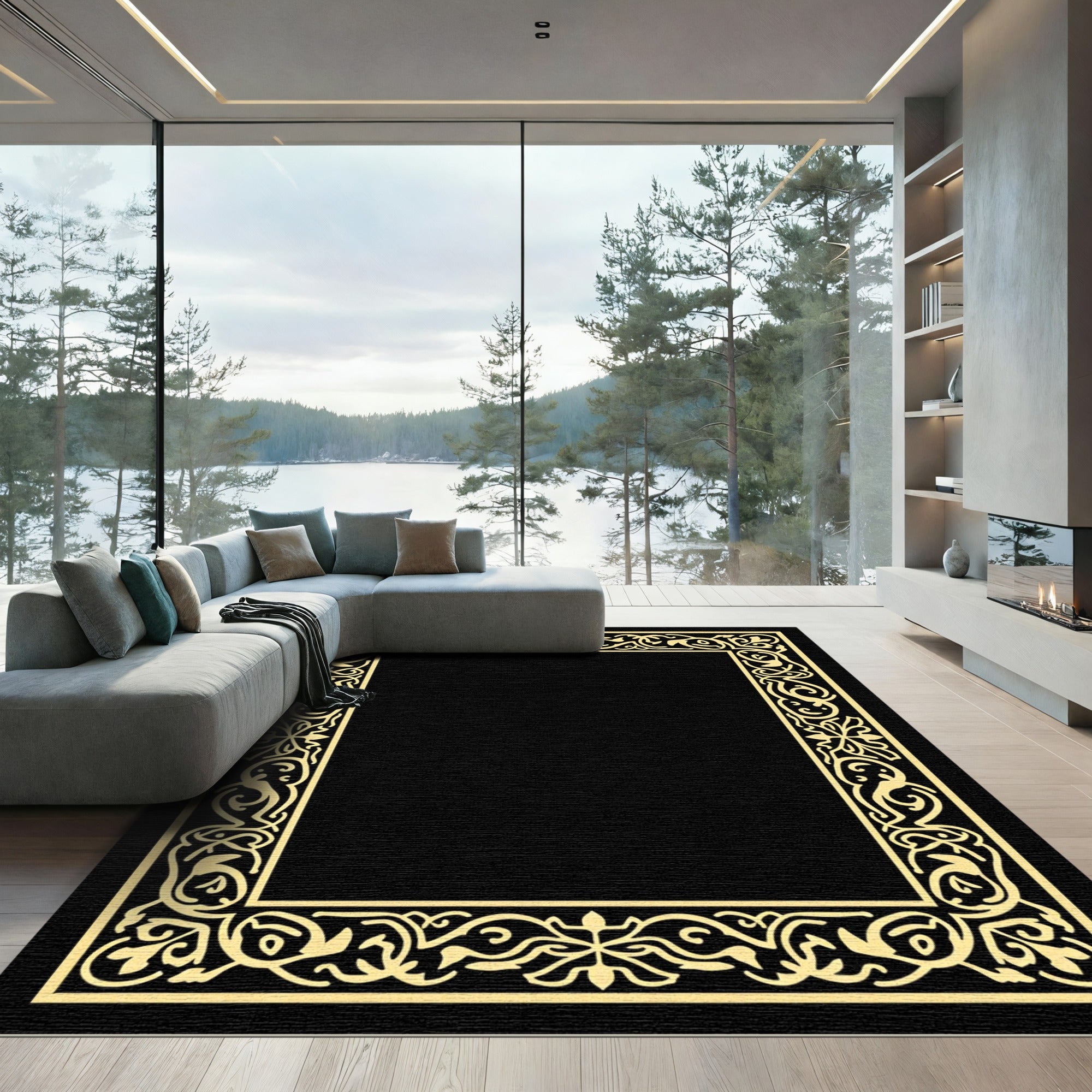 Golden Baroque Floral Scroll Frame Rug