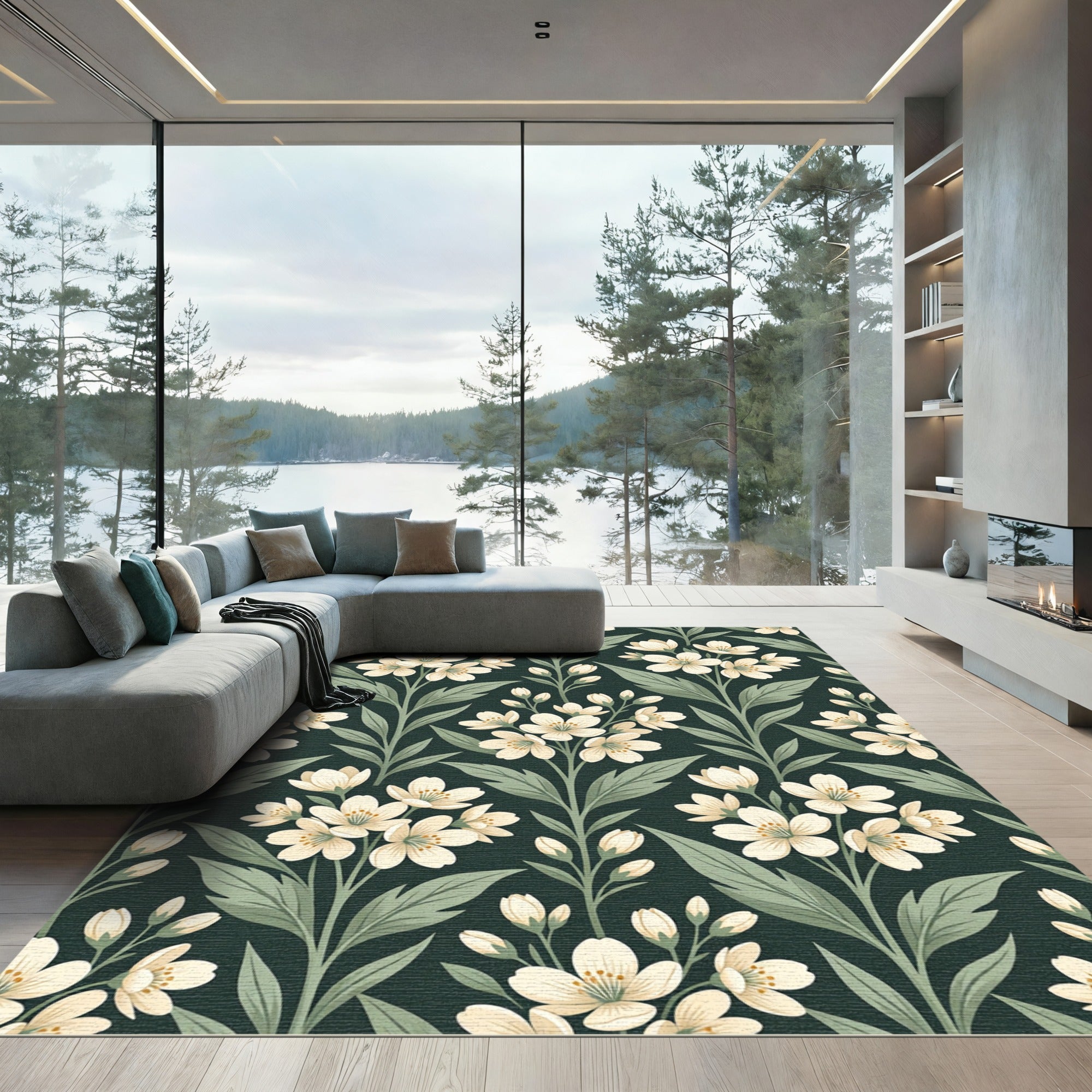 Dark Emerald Botanical White Blossom Rug