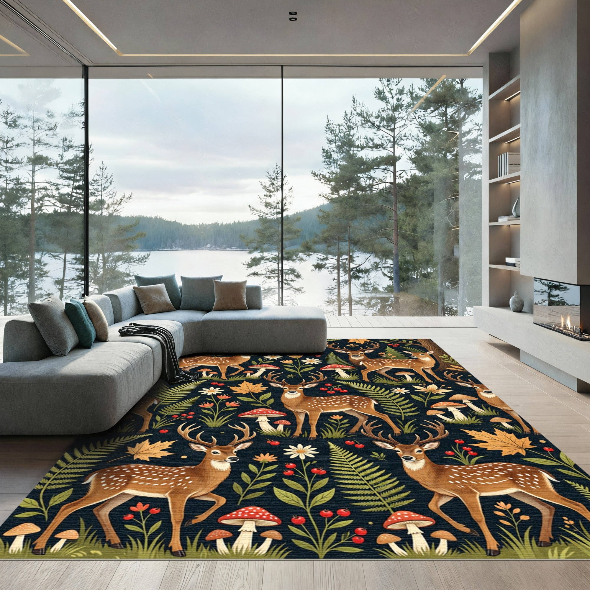 Whimsical Forest Deer Botanical Woodland Rug