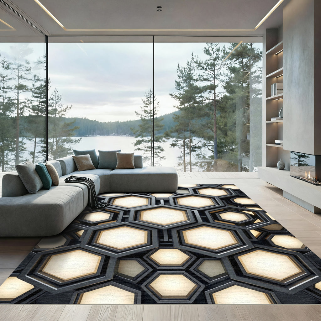Modern Metallic Gold Geometric Hexagon Rug