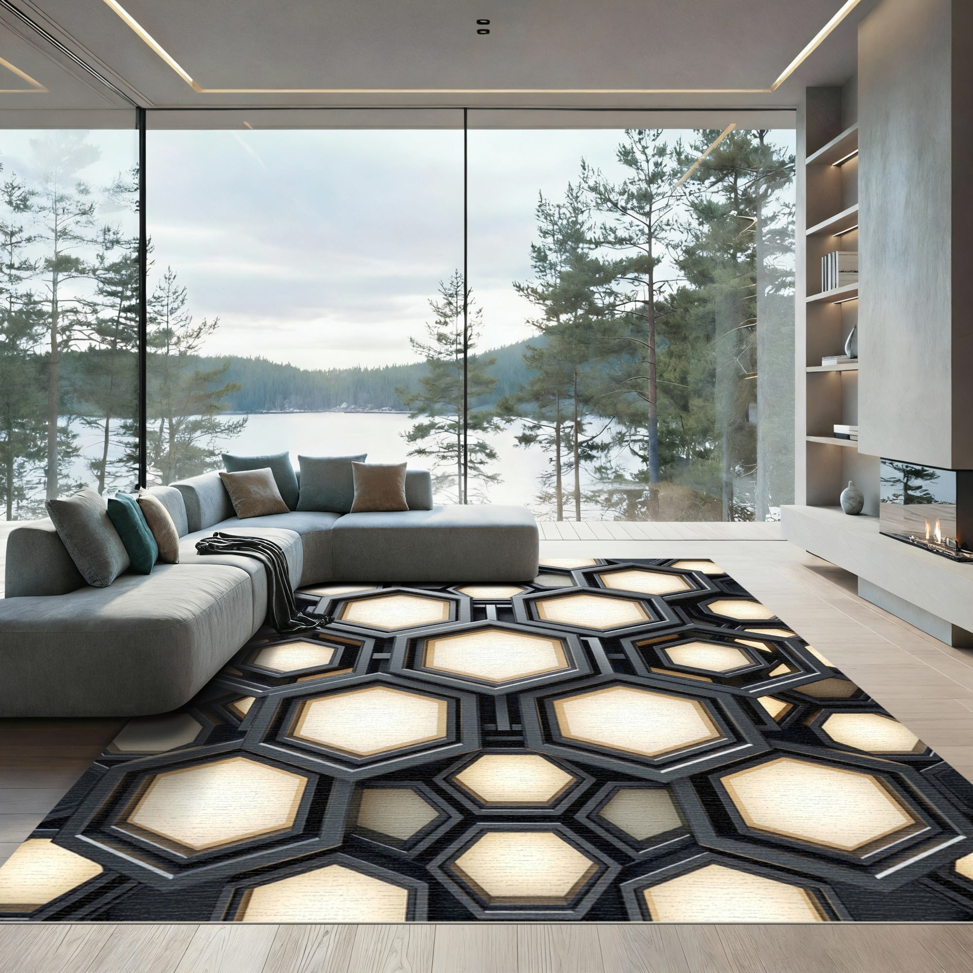 Modern Metallic Gold Geometric Hexagon Rug