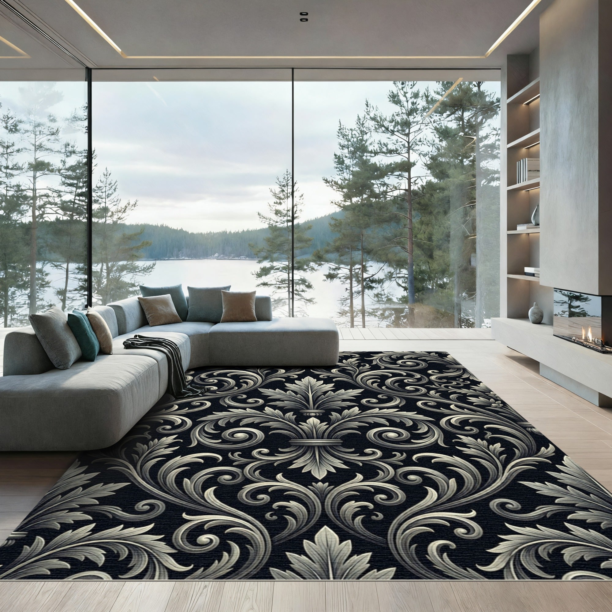 Ornate Black White Acanthus Scroll Rug