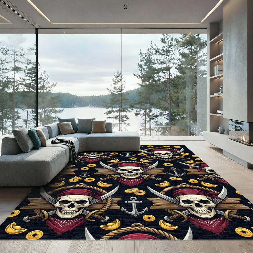Gothic Pirate Skull Golden Coin Rug