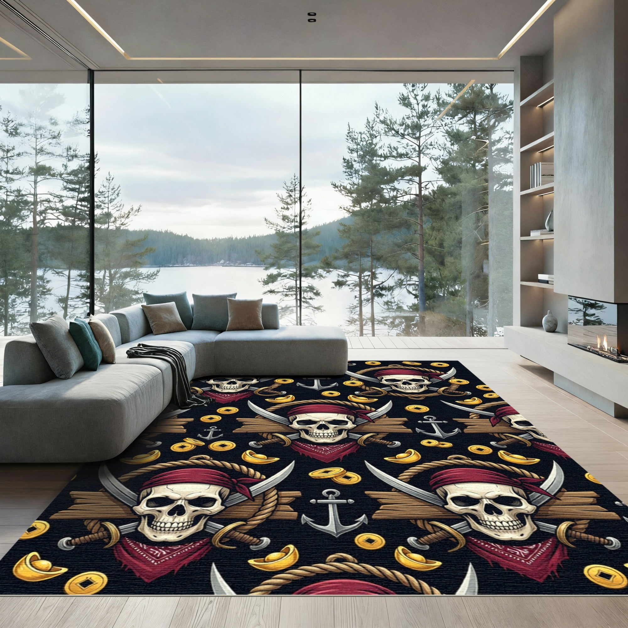 Gothic Pirate Skull Golden Coin Rug
