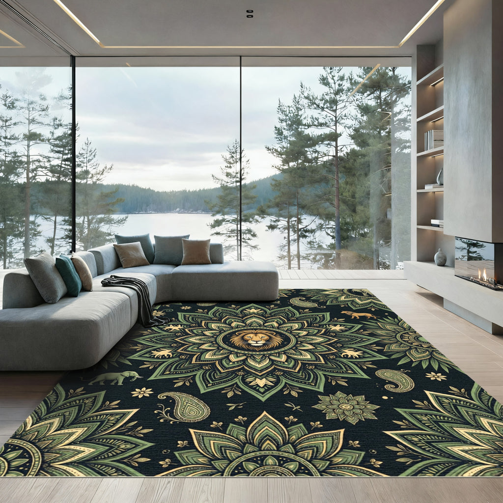 Ornate Sage Lion Elephant Floral Medallion Rug