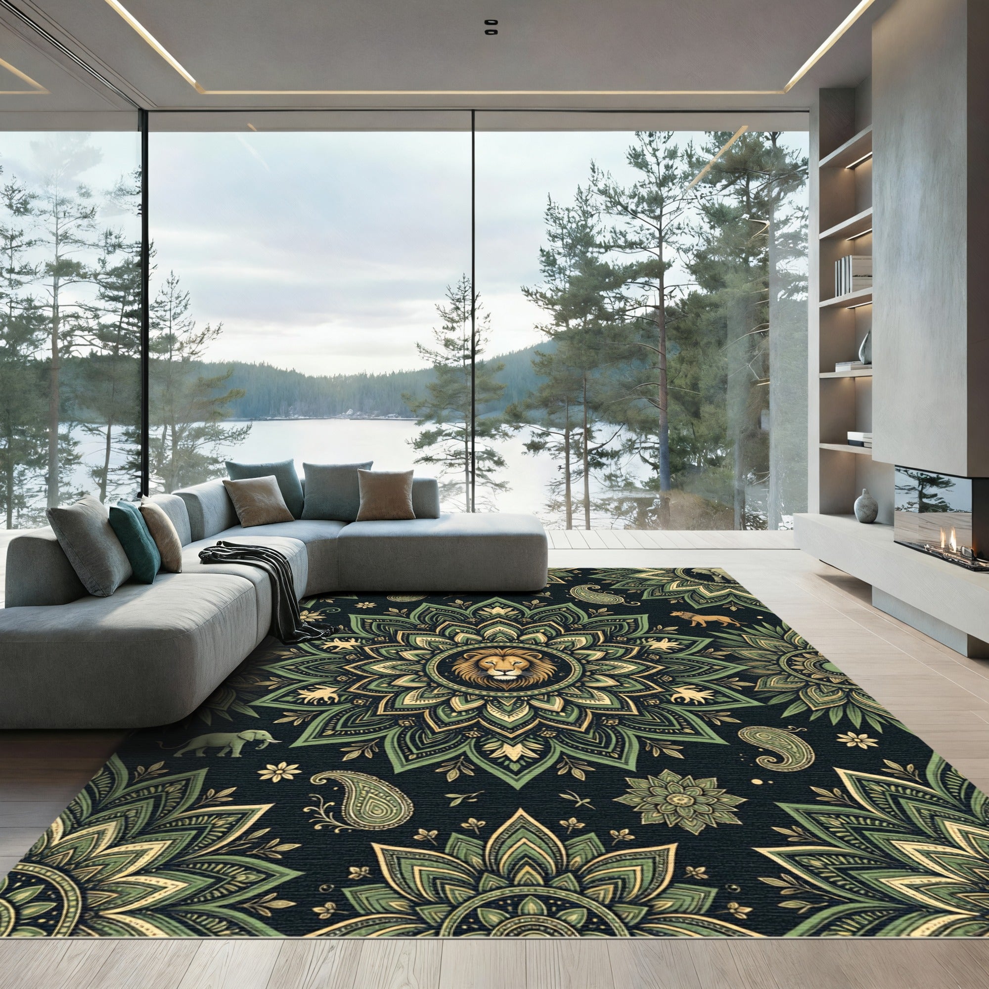 Ornate Sage Lion Elephant Floral Medallion Rug