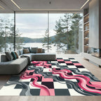 Abstract Pink and Gray Wave Checkered Rug
