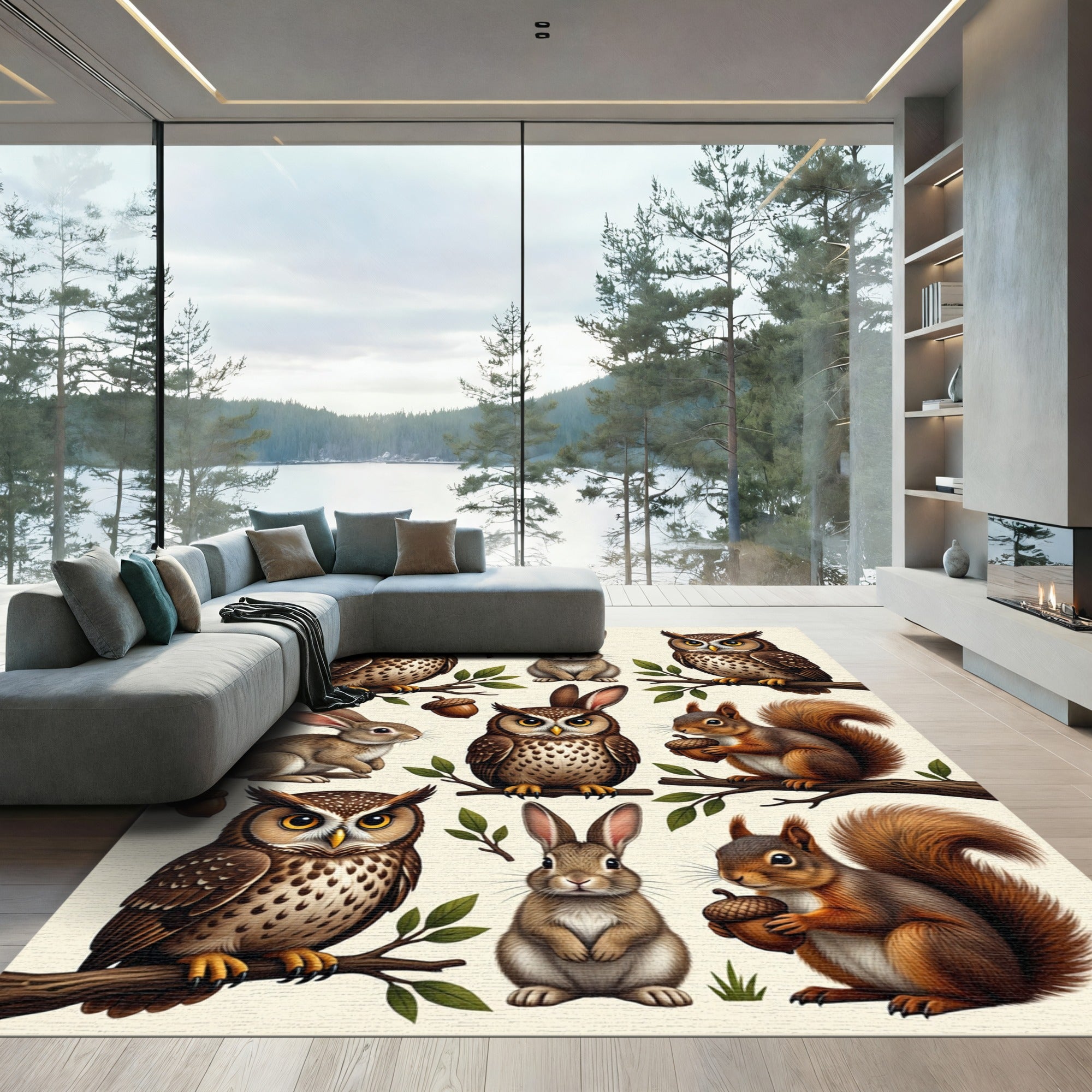 Woodland Creature Owl Bunny Squirrel Illustration Rug