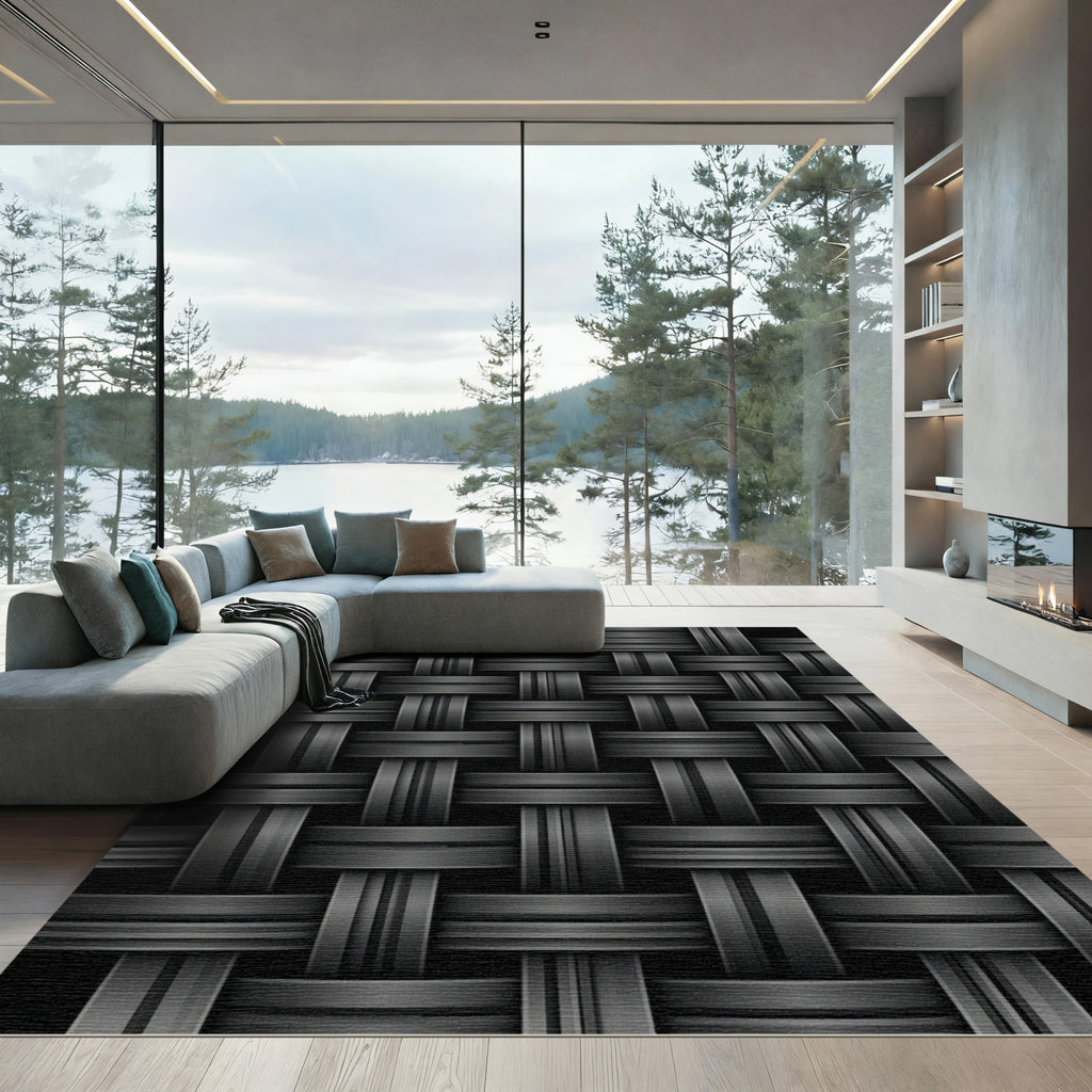 Minimalist Charcoal Woven Basket Weave Rug