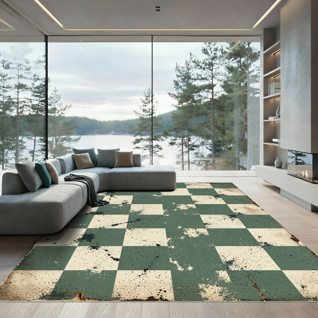 Distressed Green Cream Checkerboard Splatter Rug