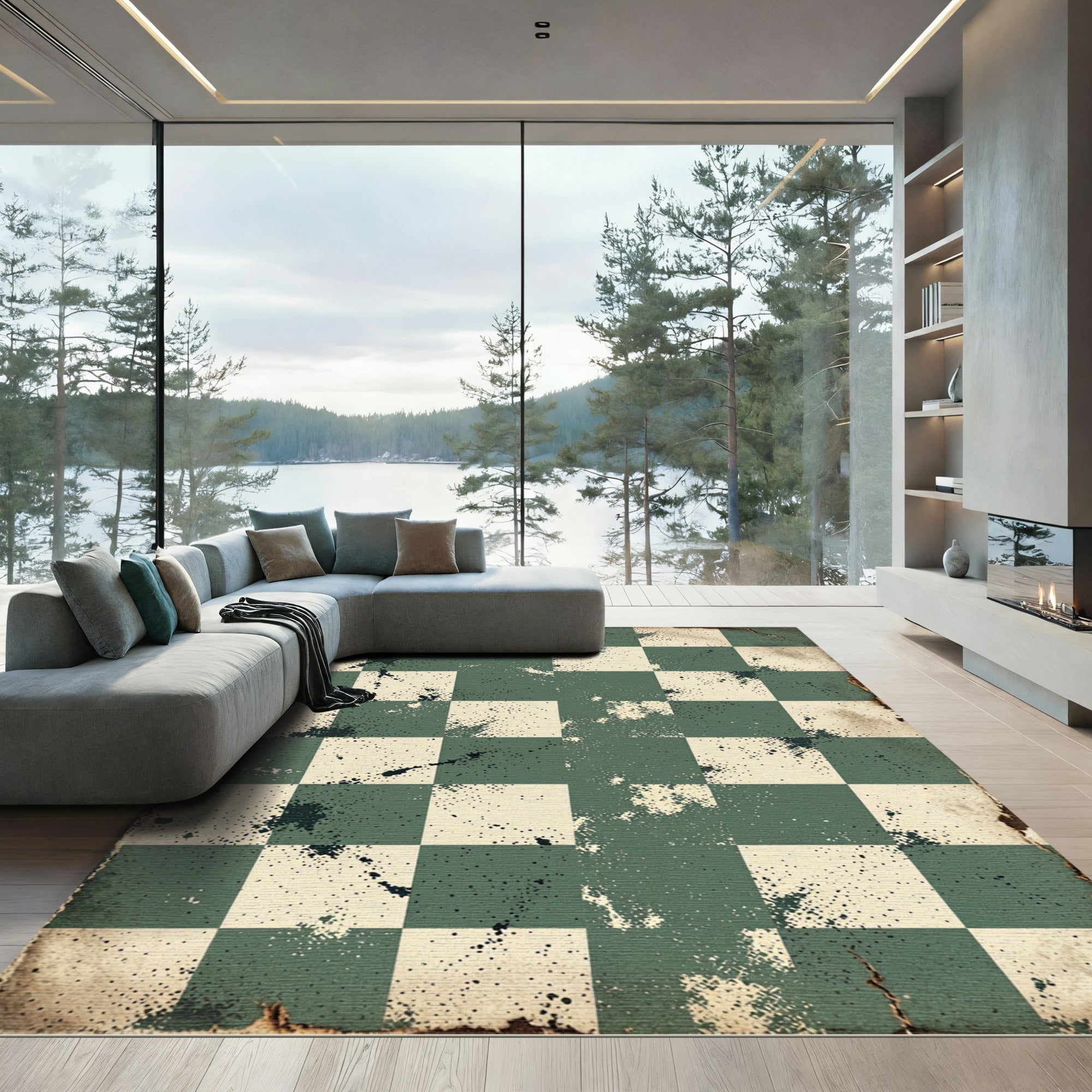 Distressed Green Cream Checkerboard Splatter Rug