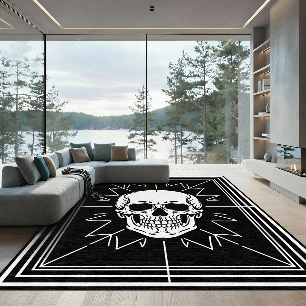 Black White Skull Graphic Rug