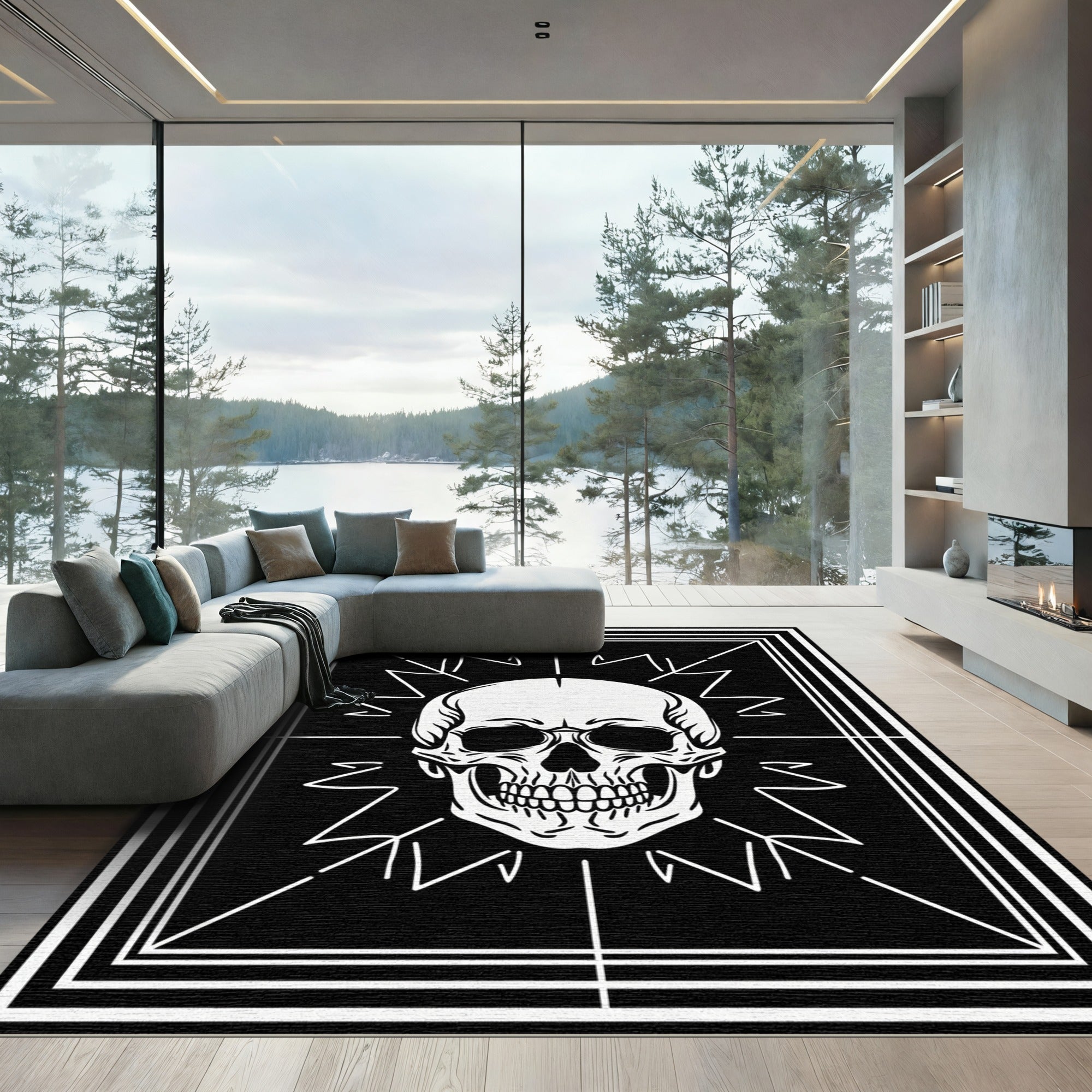 Black White Skull Graphic Rug