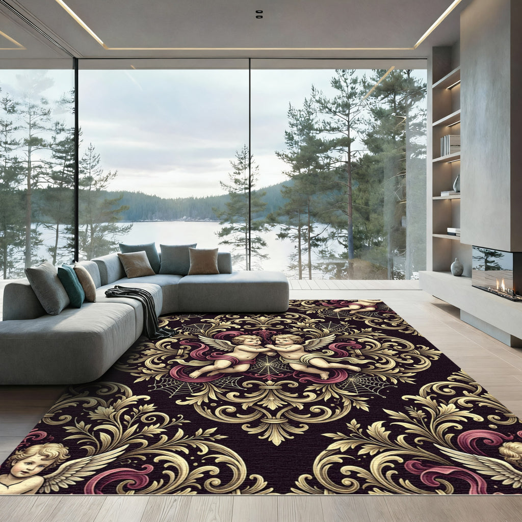 Gothic Cherub Baroque Damask Velvet Gold Rug