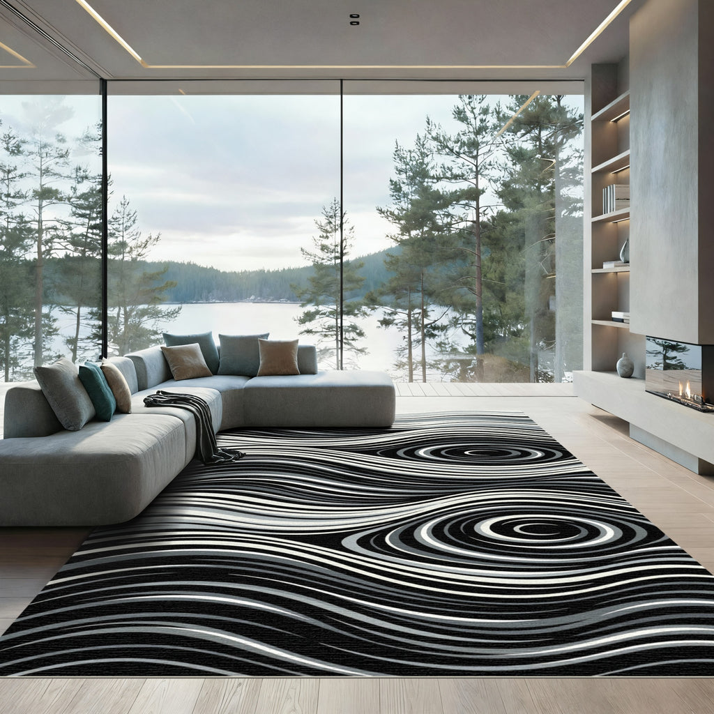 Monochromatic Swirl Wave Lines Rug