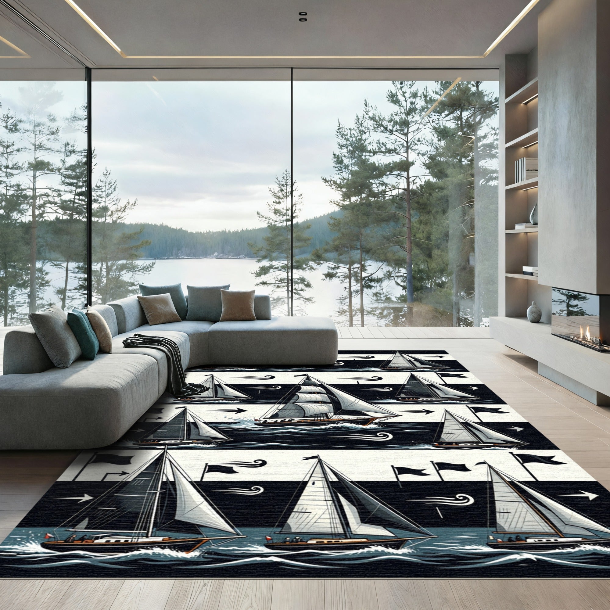 Graphic Monochromatic Nautical Sailboat Striped Rug