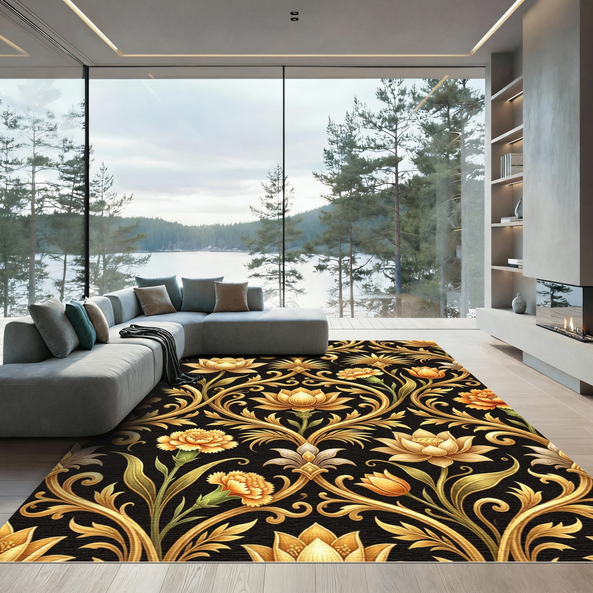 Golden Floral Baroque Damask Ornament Rug