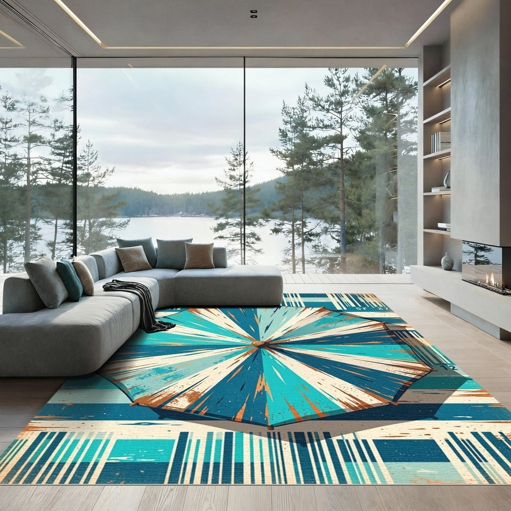 Coastal Teal White Striped Umbrella Ray Rug