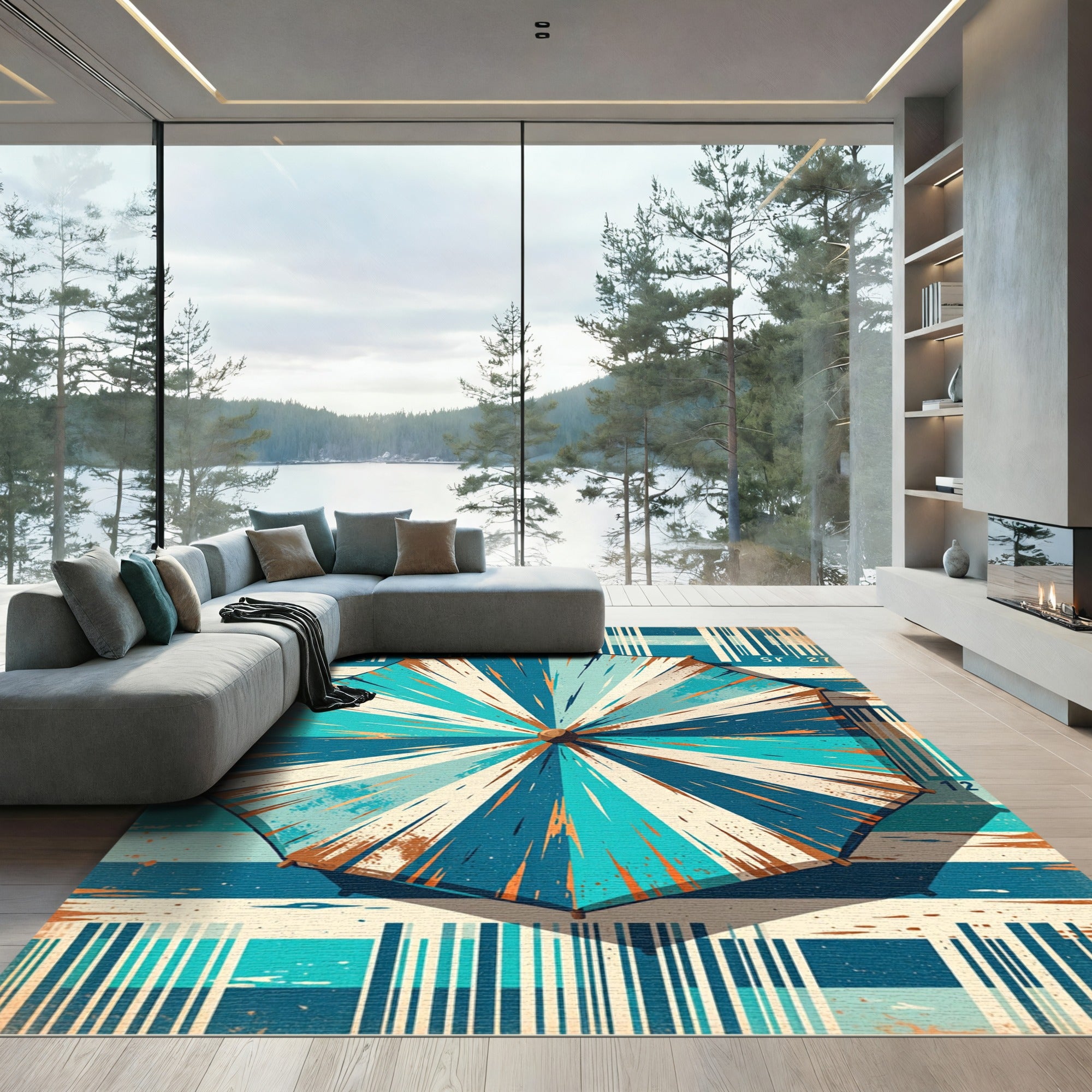 Coastal Teal White Striped Umbrella Ray Rug