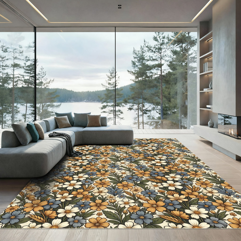 Golden Blue White Floral Garland Rug