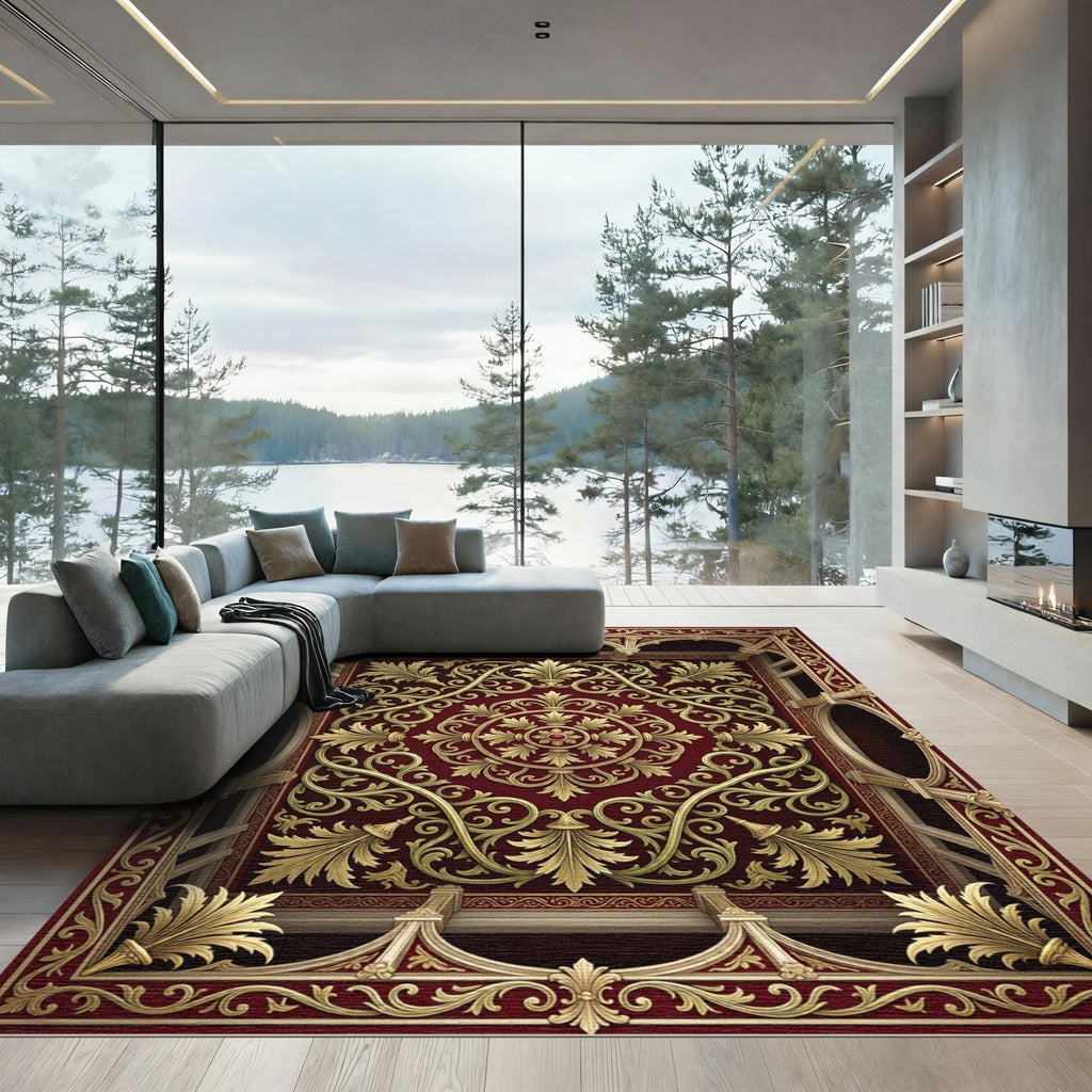 Regal Crimson Gold Acanthus Arch Rug