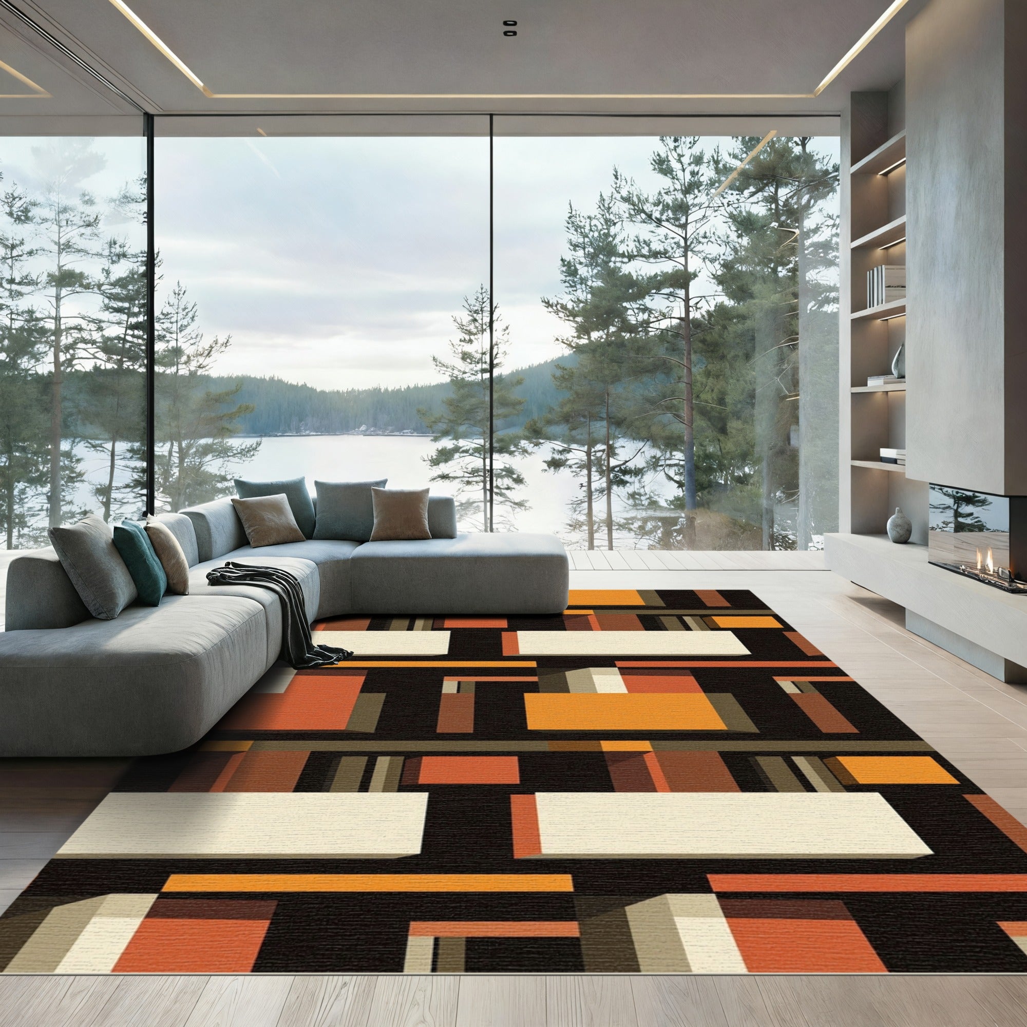 Terracotta White Geometric 3D Blocks Rug