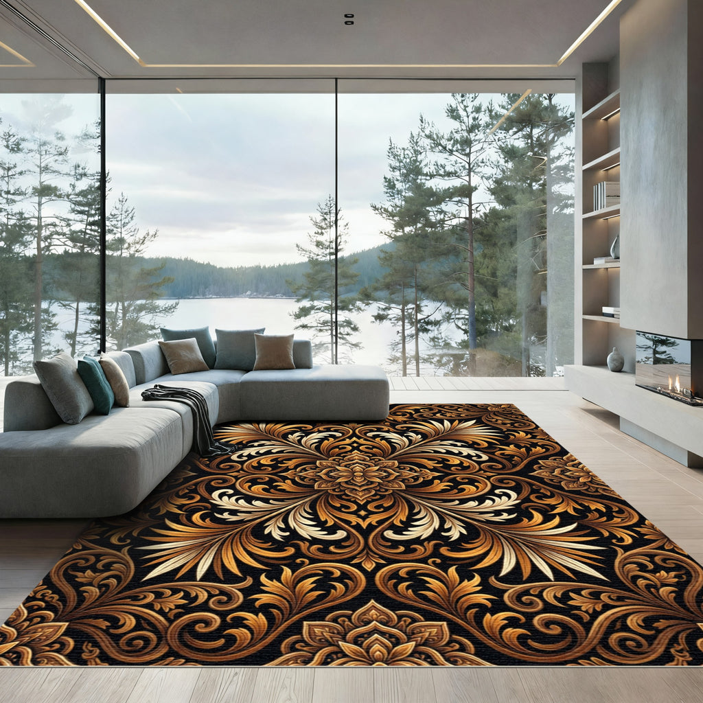 Opulent Gold Floral Scrollwork Rug