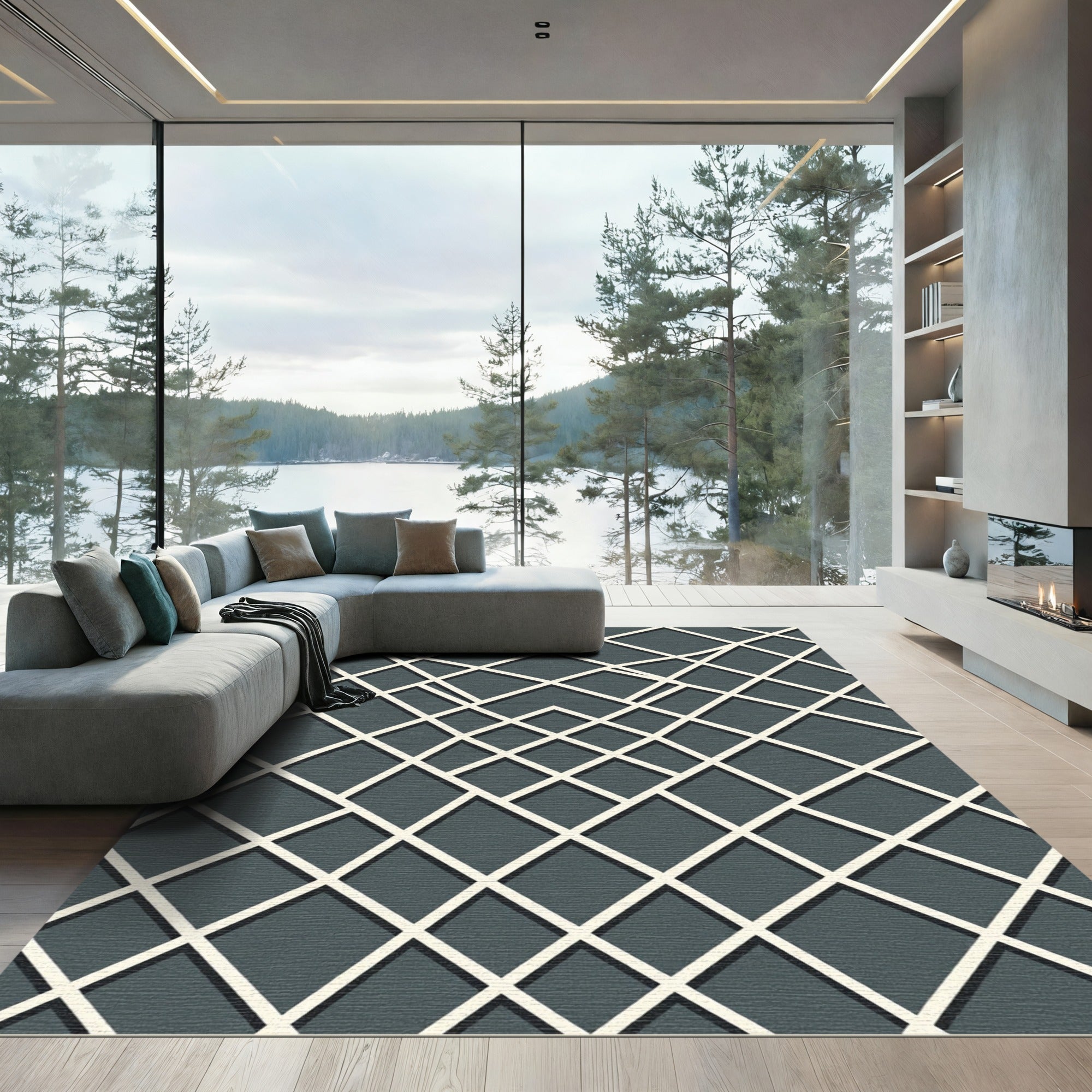 Modern Charcoal Geometric Grid Art Rug