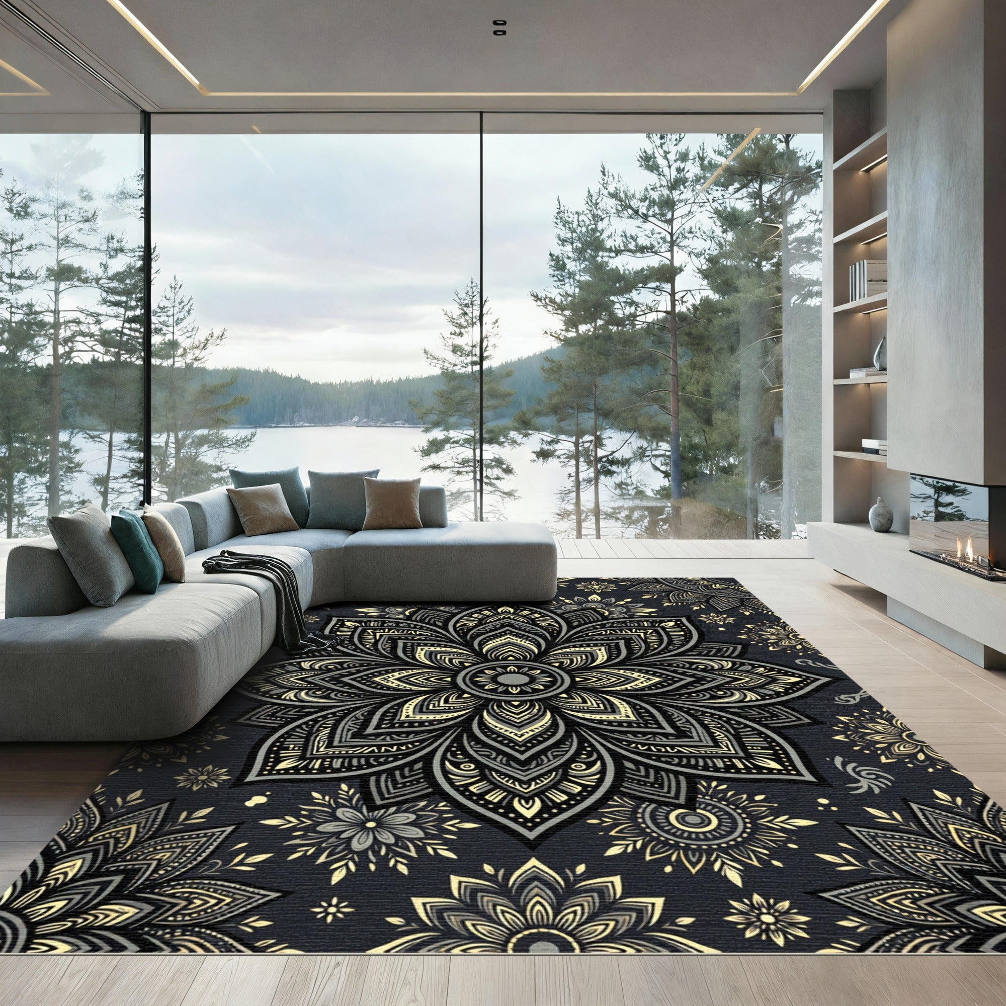Elegant Charcoal and Gold Mandala Rug