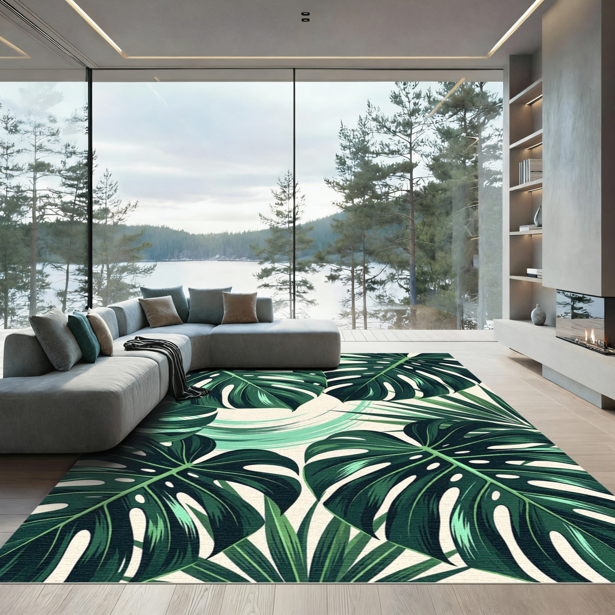 Lush Green Tropical Leaf Overlay Rug