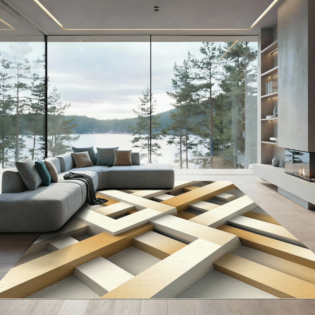 Modern Geometric Interlocking Beige Architectural Rug
