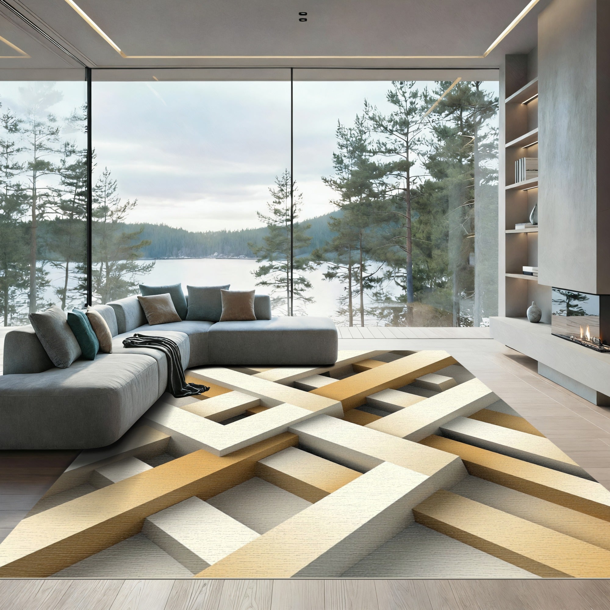 Modern Geometric Interlocking Beige Architectural Rug