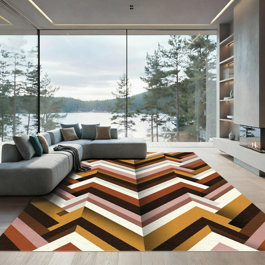 Warm Earthy Chevron Geometric Layers Rug
