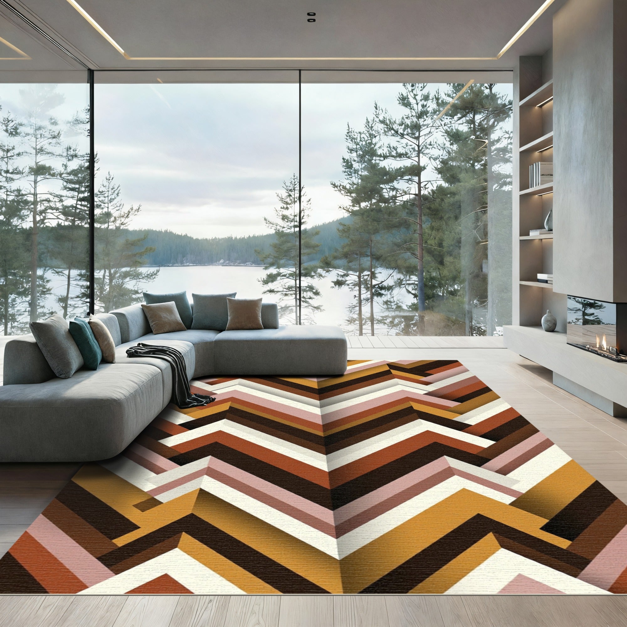 Warm Earthy Chevron Geometric Layers Rug