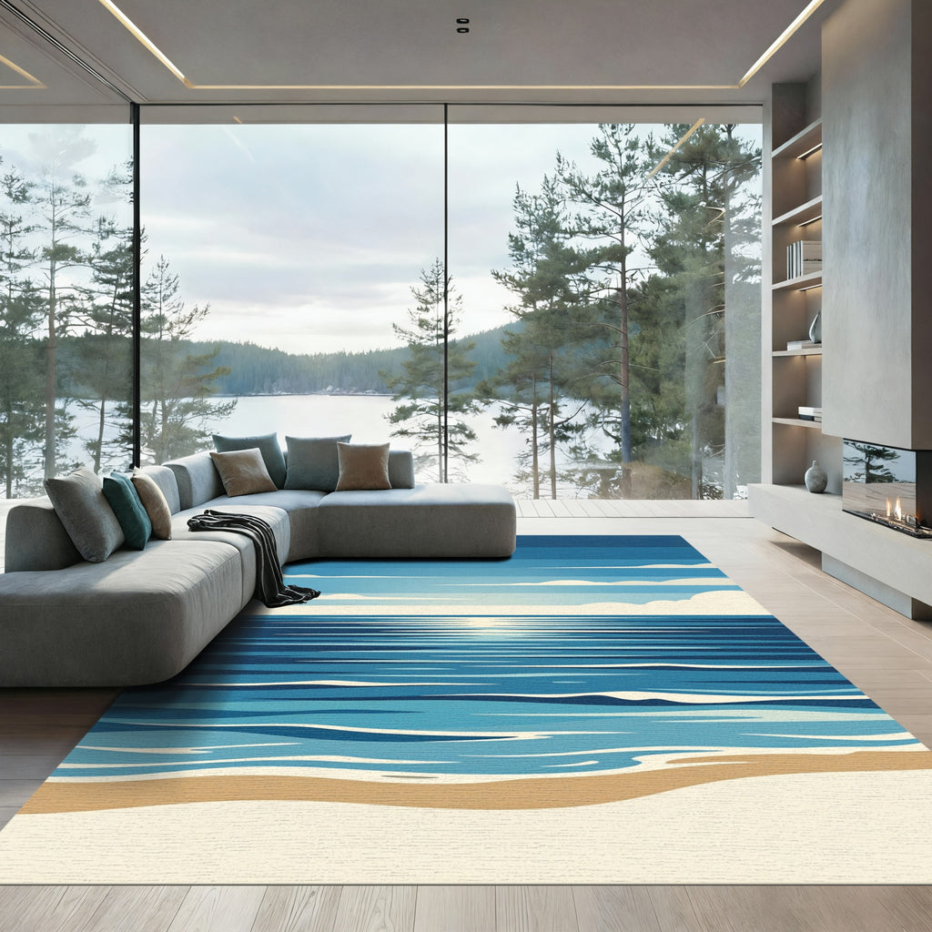 Minimalist Blue Ocean Horizon Coastal Area Rug