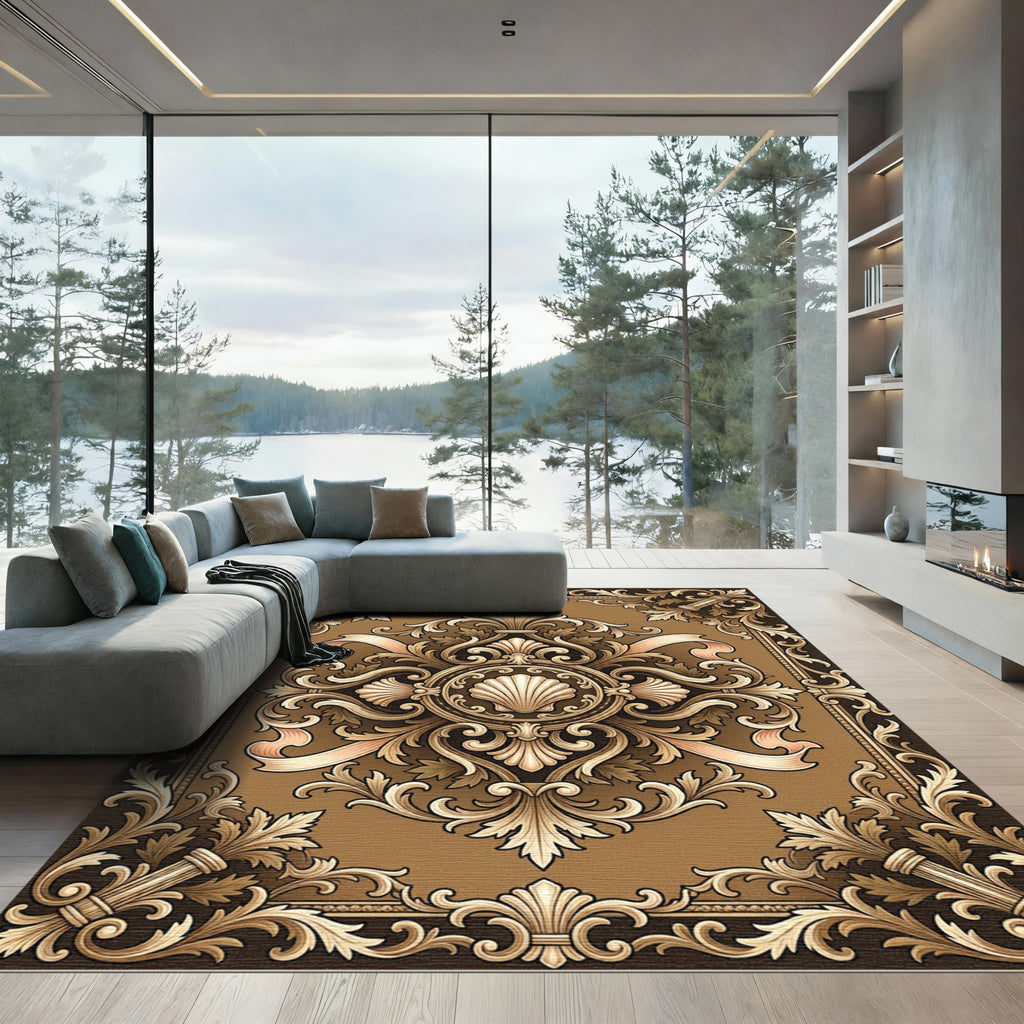 Ornate Gold Shell Baroque Scroll Medallion Rug