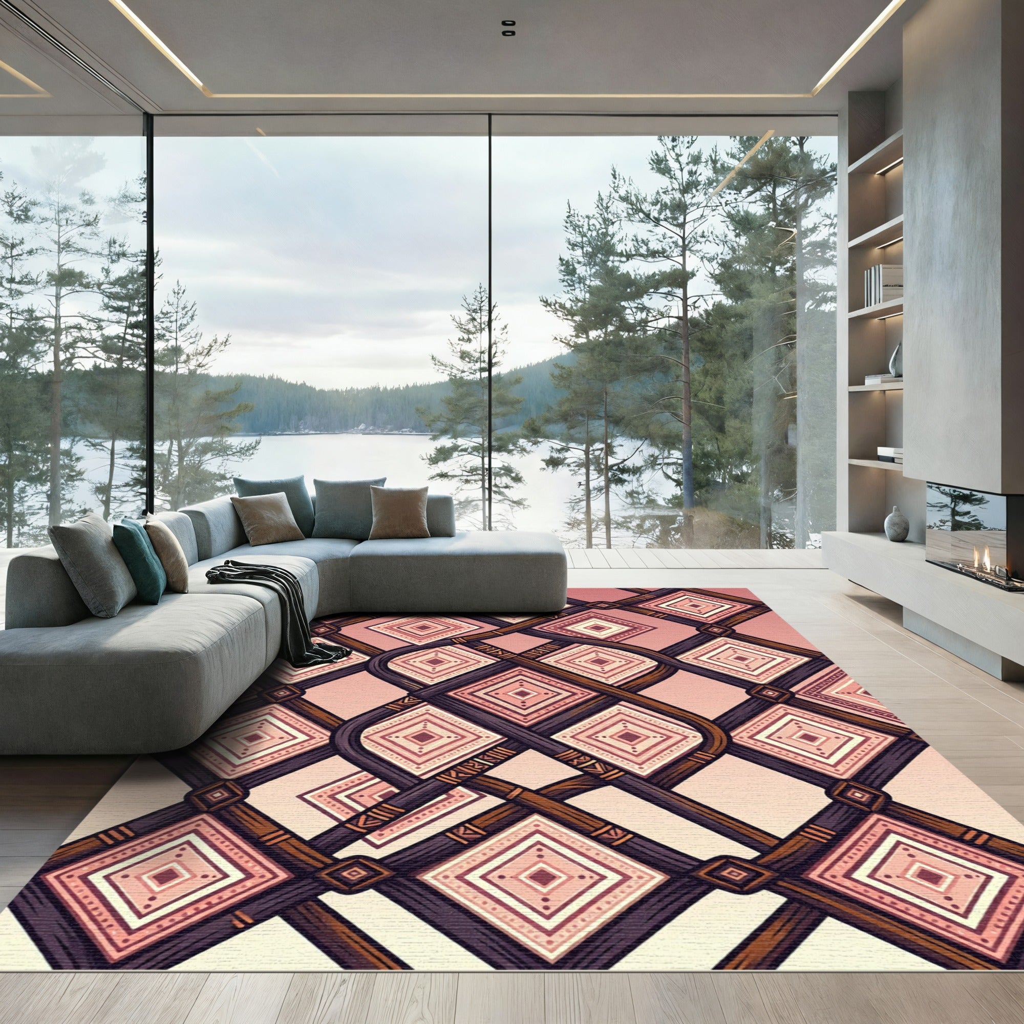 Pink Geometric Diamond Intertwined Lattice Rug