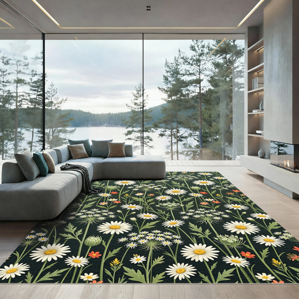 Dark Botanical Daisy Meadow Illustration Rug
