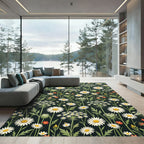 Dark Botanical Daisy Meadow Illustration Rug