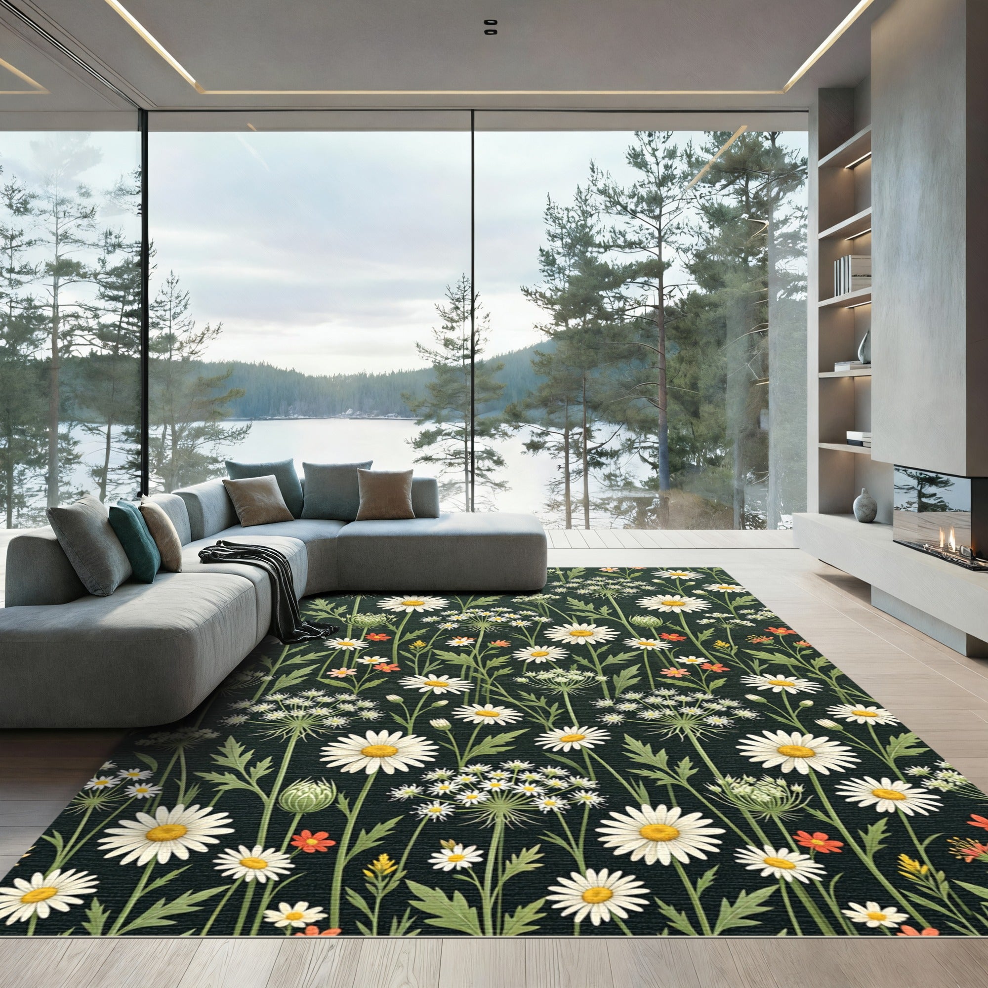 Dark Botanical Daisy Meadow Illustration Rug