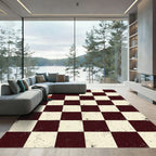 Distressed Crimson and Cream Checkerboard Grid Rug