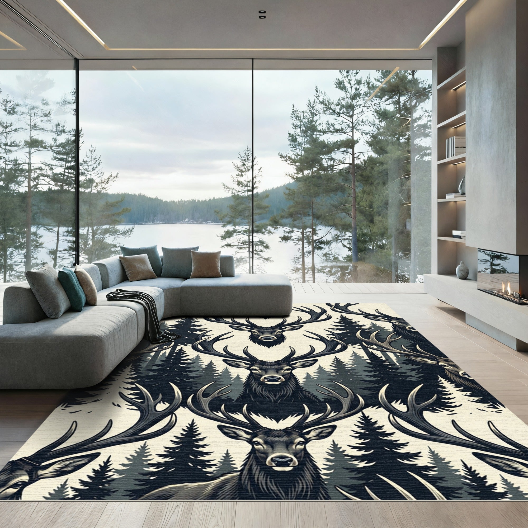 Majestic Forest Stag Silhouette Monochrome Rug