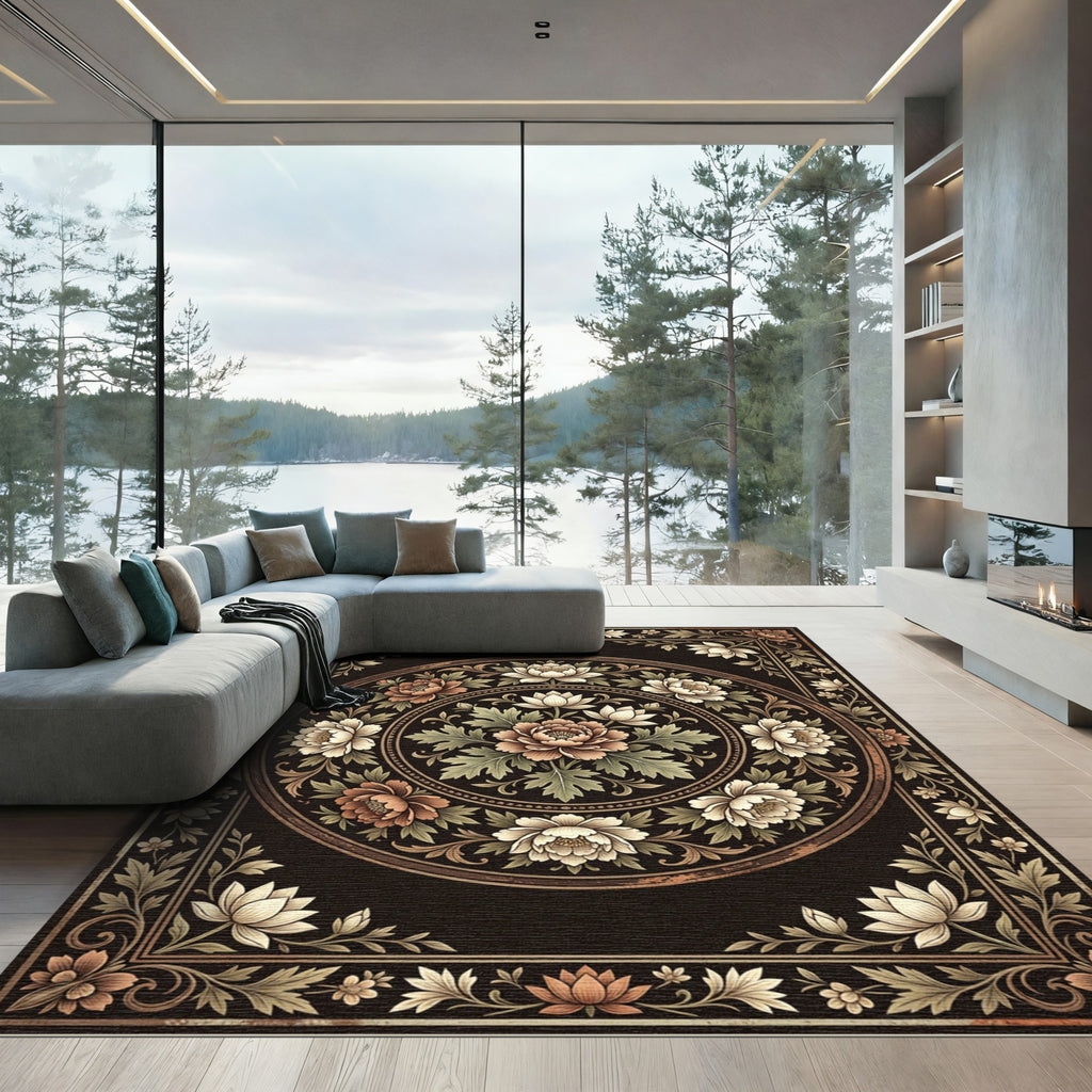 Vintage Floral Medallion Black Beige Round Rug
