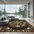 Vintage Floral Medallion Black Beige Round Rug