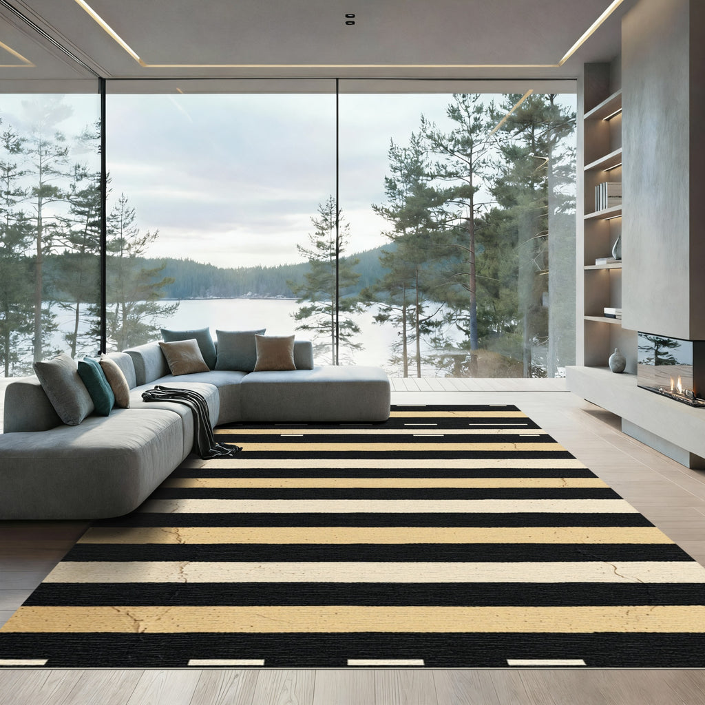 Modern Black Beige Striped Rug